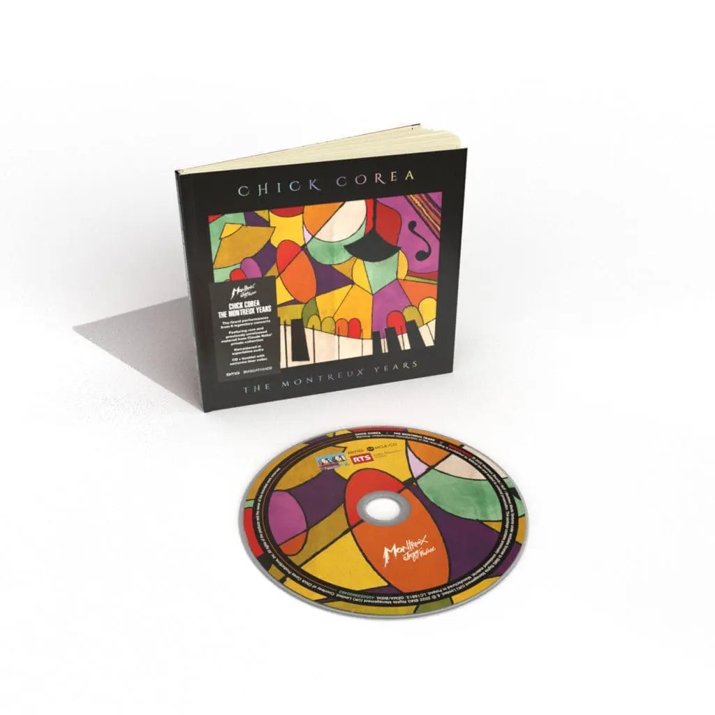 The Chick Corea, The Montreux Years, CD case stands upright beside its matching disc, both adorned with vibrant abstract geometric artwork in shades of yellow, orange, purple, green, and red.