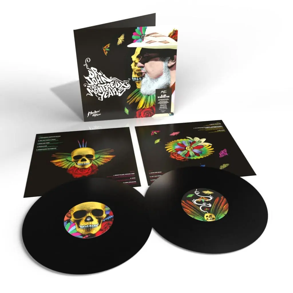 John, The Montreux Years, Double Vinyle" comprend deux disques noirs, une pochette vibrante avec le profil d'un homme, des fleurs et des oiseaux, ainsi que des pochettes intérieures avec un crâne et un oiseau aux ailes colorées sur fond noir.