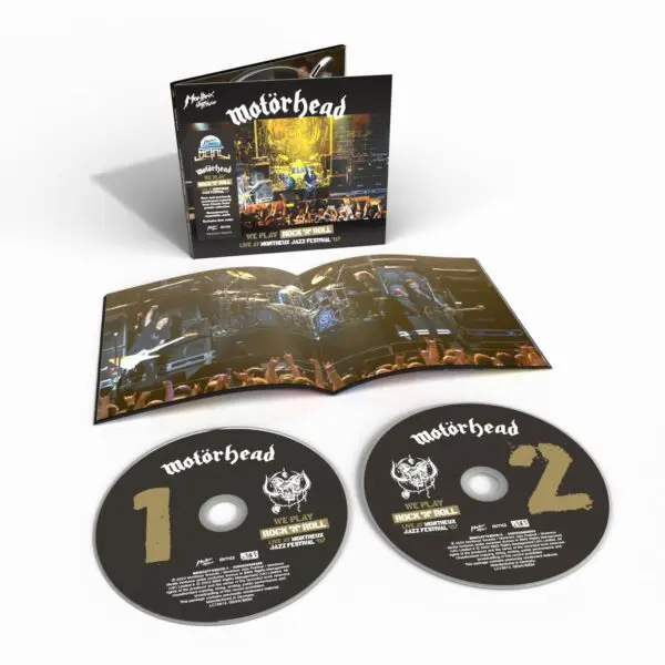 Motörhead Live At Montreux Double CD includes an open booklet with concert photos, the album cover, and two labeled CDs (1 and 2), all displayed on a white surface.