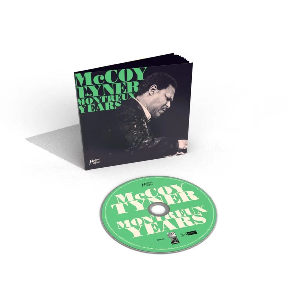 The McCoy Tyner, The Montreux Years, CD is shown with its case, featuring a black-and-white image of Tyner at the piano and bold green and white text, with the CD mirroring the Montreux-themed design as a tribute to the jazz legend.
