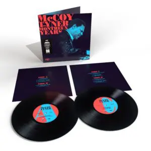 The McCoy Tyner, The Montreux Years, Double Vinyl set features two black records with red and blue centers displayed next to an album cover of Tyner at the piano.