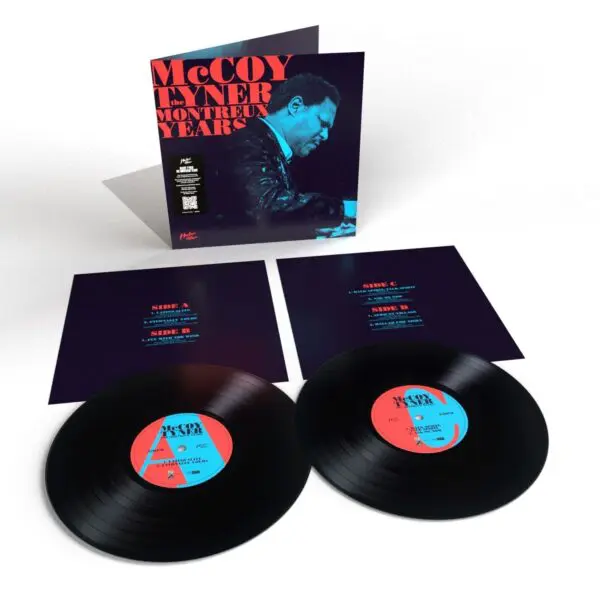 The McCoy Tyner, The Montreux Years, Double Vinyl set features two black records with red and blue centers displayed next to an album cover of Tyner at the piano.