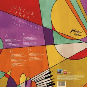 Colorful geometric artwork with artist and album text—Chick Corea – The Montreux Years. This double vinyl includes four tracklisted sides, logos, credits, and the Montreux Jazz Festival logo at the bottom.