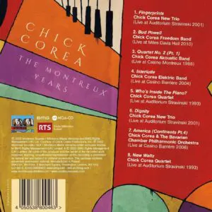 The back cover of the Chick Corea, The Montreux Years CD shows vibrant abstract art, the album title, and a tracklist of eight live performances, with logos, copyright details, and a barcode at the bottom.