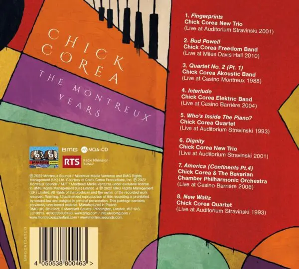 The back cover of the Chick Corea, The Montreux Years CD shows vibrant abstract art, the album title, and a tracklist of eight live performances, with logos, copyright details, and a barcode at the bottom.