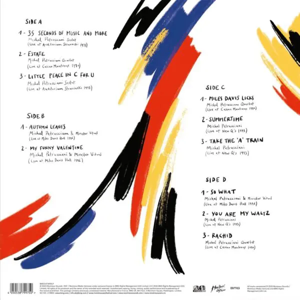Back cover of Michel Petrucciani, The Montreux Years Double Vinyl features abstract red, yellow, blue, and black brush strokes, plus a handwritten tracklist for sides A–D in black on white. No photographs are included.