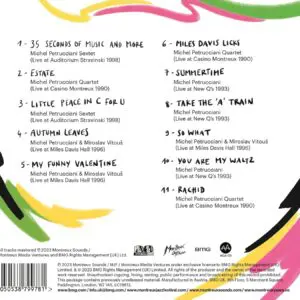 La quatrième de couverture d'un album de Michel Petrucciani présente un fond blanc avec des lignes abstraites colorées et la liste des 11 chansons, ainsi que les crédits et les informations sur les droits d'auteur au bas de la page.