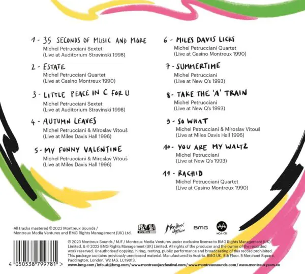 La quatrième de couverture d'un album de Michel Petrucciani présente un fond blanc avec des lignes abstraites colorées et la liste des 11 chansons, ainsi que les crédits et les informations sur les droits d'auteur au bas de la page.