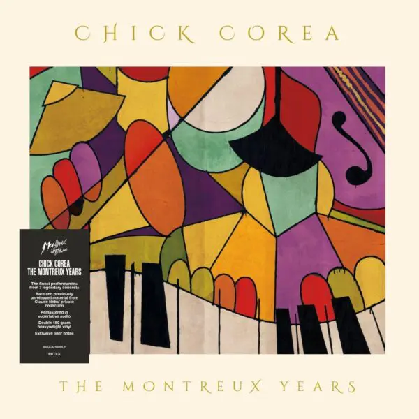 Abstract, colorful artwork with geometric shapes in purple, orange, green, and black, piano keys at the bottom, and a black label on the left. "Chick Corea, The Montreux Years, Double Vinyl" is displayed at the top and bottom.