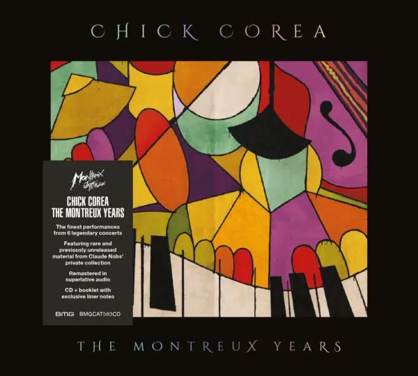 Vibrant artwork with piano keys and musical notes promotes "Chick Corea, The Montreux Years, CD," a remastered live album featuring a special booklet and exclusive liner notes, set against a striking black background.