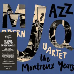 CD cover for The Modern Jazz Quartet, The Montreux Years features large stylized "MJQ" letters filled with black-and-white performance photos, a black label on the left, and bold text overlays.