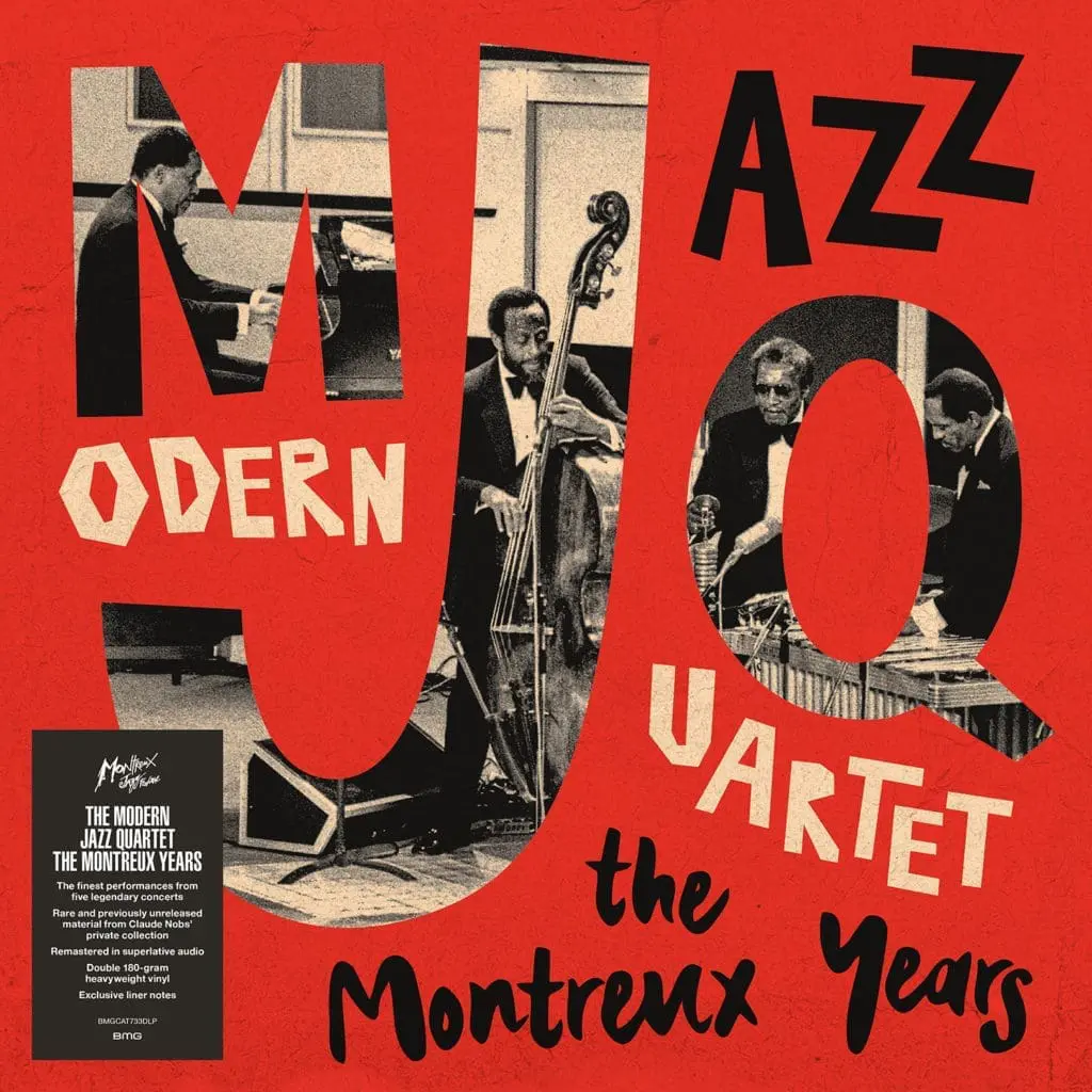 Pochette d'album aux couleurs rouge et noire représentant trois musiciens jouant du piano, de la contrebasse et du vibraphone. Le texte en gras indique Modern Jazz Quartet, the Montreux Years et Jazz Quartet.