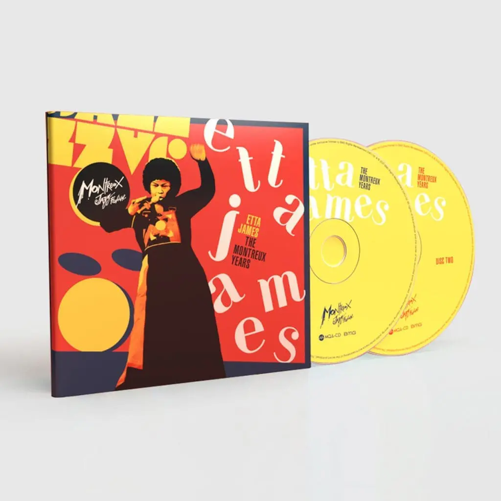 Etta James, The Montreux Years, Double CD features bold red, yellow, and black cover art of Etta James performing live, with two yellow discs alongside the case.