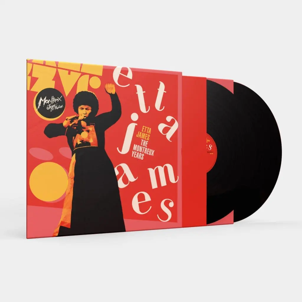 A vinyl record partially slides out from a red cover with Etta James singing on stage. The bold title reads "Etta James, The Montreux Years, Double Vinyl," over abstract shapes in the background.