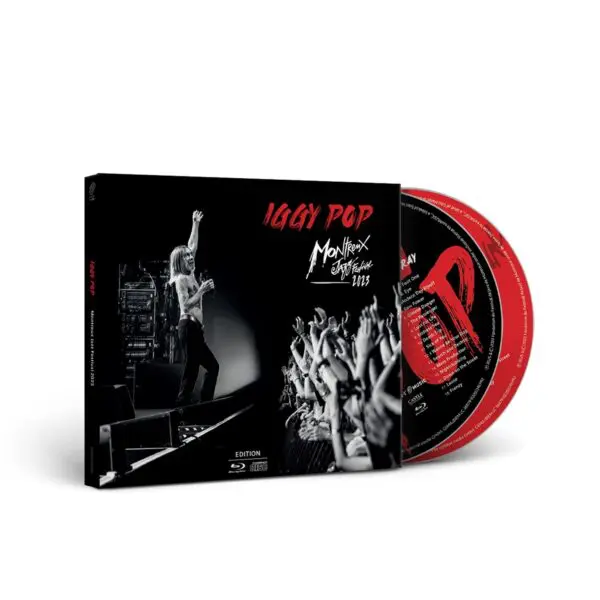 Iggy Pop, Live At Montreux, Double CD + Blu-ray présente la performance live d'Iggy Pop en 2022. La pochette le montre sur scène, les bras levés, et les disques noir et rouge restituent l'énergie de cette nuit inoubliable.