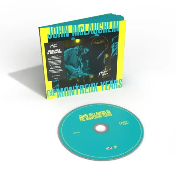 The "John McLaughlin, The Montreux Years" CD features a case with McLaughlin playing guitar amid blue and yellow accents, while the turquoise CD itself has yellow text.