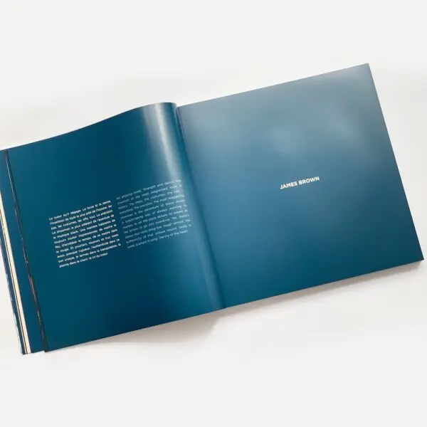 Livre ouvert dont les pages sont bleu foncé ; la page de gauche comporte deux colonnes de texte blanc de petite taille, tandis que la page de droite est en grande partie vierge, avec JAMES BROWN en blanc, au centre. Le fond est blanc.