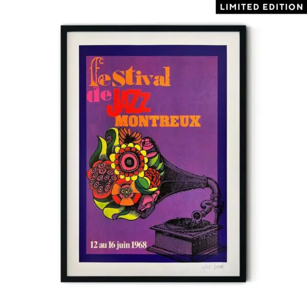 The Poster Roger Bornand, 1968, Limited Edition features a colorful, vintage-style gramophone with floral designs and "Festival de Jazz Montreux, 12 au 16 juin 1968" on a purple background. Limited Edition noted in the corner.