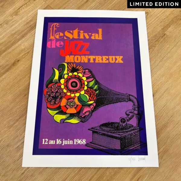 The Poster Roger Bornand, 1968, Limited Edition for the Montreux Jazz Festival features a floral gramophone on a purple background with vibrant yellow and orange text. "Limited edition, 12 au 16 juin 1968," and "9/100" are also displayed.