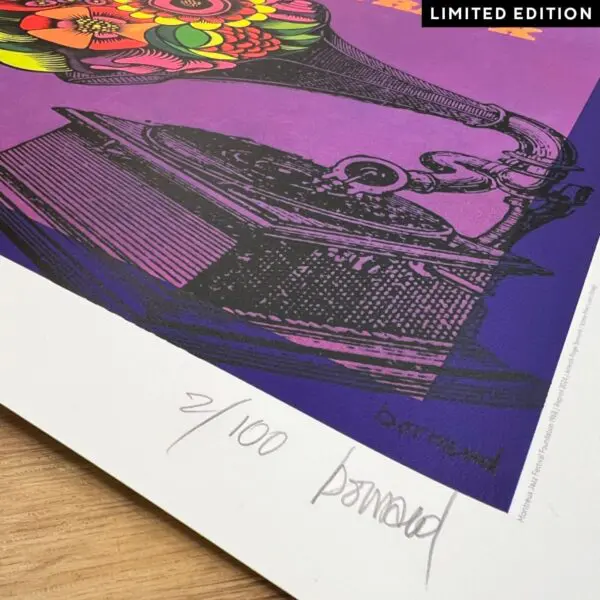 Limited Edition Poster Roger Bornand, 1968: colorful vintage gramophone close-up on purple, signed and numbered 21/100, “LIMITED EDITION” label top right. Resting on a wooden surface.