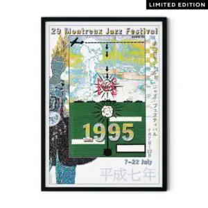 Framed Poster David Bowie, 1995, Limited Edition—features abstract art, bold "1995", Japanese characters, and Montreux Jazz Festival dates on a vibrant background; a must-have for collectors.