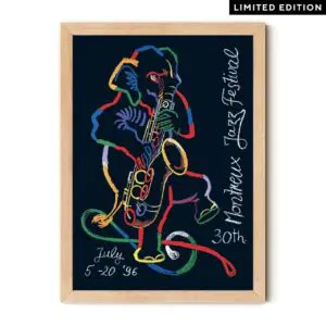Poster Rolf Knie, 1996: Vibrant line art of an elephant playing saxophone on a dark background, featuring "Montreux Jazz Festival 30th, July 5-20 96" and "Limited Edition" in the top right corner.