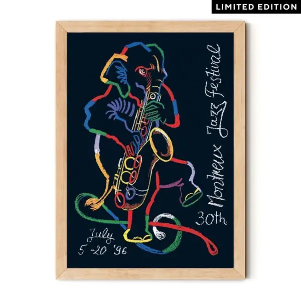 Poster Rolf Knie, 1996: Vibrant line art of an elephant playing saxophone on a dark background, featuring "Montreux Jazz Festival 30th, July 5-20 96" and "Limited Edition" in the top right corner.