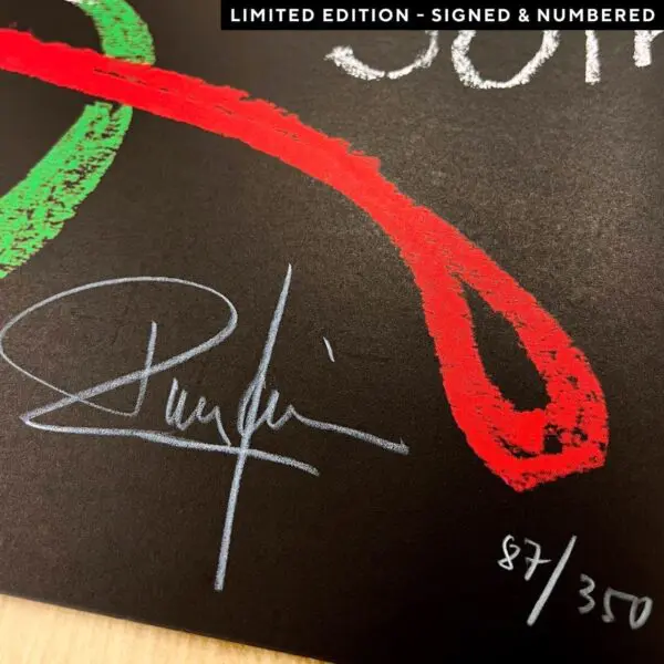 Close-up of Poster Rolf Knie, 1996, Limited Edition: a bold red curve and part of a green shape on a dark background, featuring a handwritten signature and 87/350 in white.