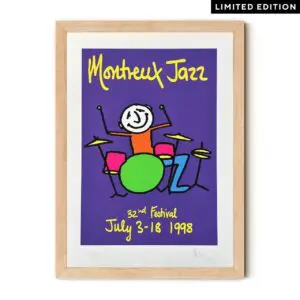 Poster Phil Collins, 1998: A framed, limited edition poster with vibrant cartoon art of a smiling drummer, inspired by Phil Collins. Features Montreux Jazz 32nd Festival July 3-18, 1998 in yellow and pink on a purple background.