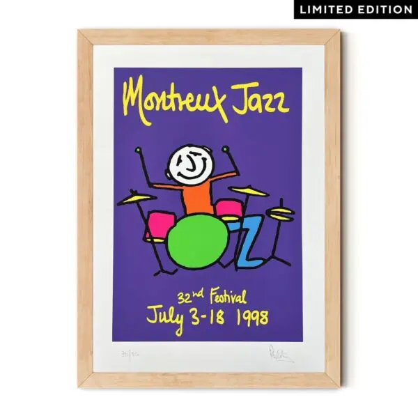 Poster Phil Collins, 1998: A framed, limited edition poster with vibrant cartoon art of a smiling drummer, inspired by Phil Collins. Features Montreux Jazz 32nd Festival July 3-18, 1998 in yellow and pink on a purple background.