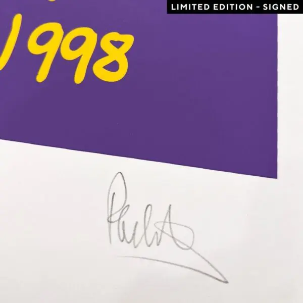 A close-up of the Poster Phil Collins, 1998, Limited Edition shows “1998” in yellow on a purple background. A pencil signature appears at the bottom right, and the top right black label reads "LIMITED EDITION - SIGNED.