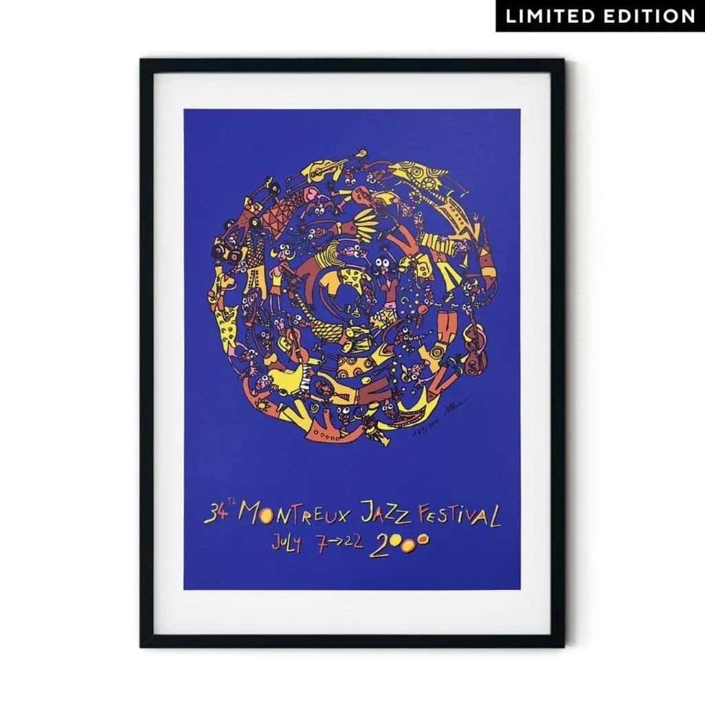 Poster Albin Christen, 2000: Framed poster for the 34th Montreux Jazz Festival, featuring vibrant abstract musical and animal forms in a circular layout on blue, with yellow handwritten event details at the bottom.