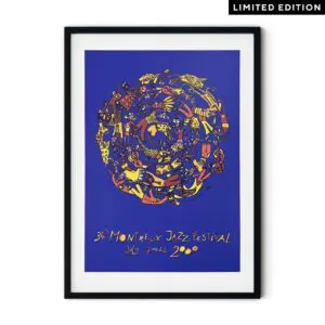 Poster Albin Christen, 2000: Framed poster for the 34th Montreux Jazz Festival, featuring vibrant abstract musical and animal forms in a circular layout on blue, with yellow handwritten event details at the bottom.