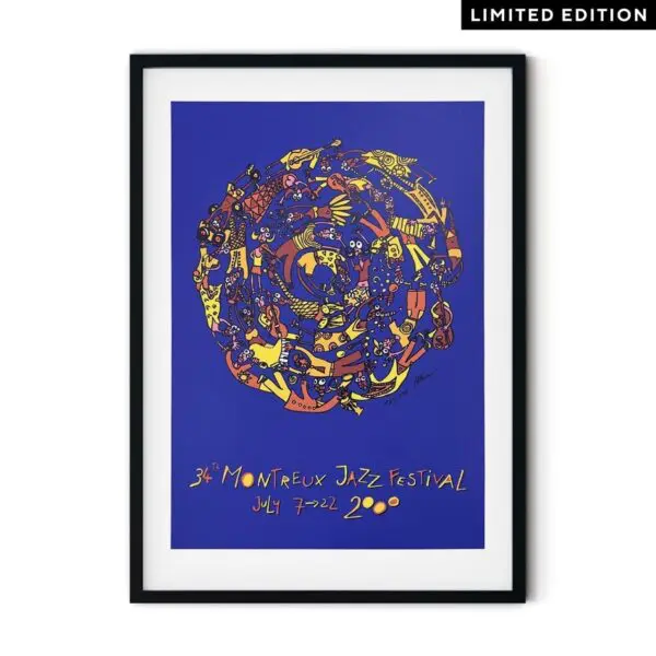 Poster Albin Christen, 2000: Framed poster for the 34th Montreux Jazz Festival, featuring vibrant abstract musical and animal forms in a circular layout on blue, with yellow handwritten event details at the bottom.