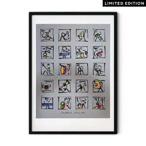 A framed art print, "Poster Matthias Winkler, 2001," shows 20 abstract figures playing instruments in black lines with colorful accents. "Montreux Jazz 2001" is below, and a Limited Edition label appears in the top right corner.