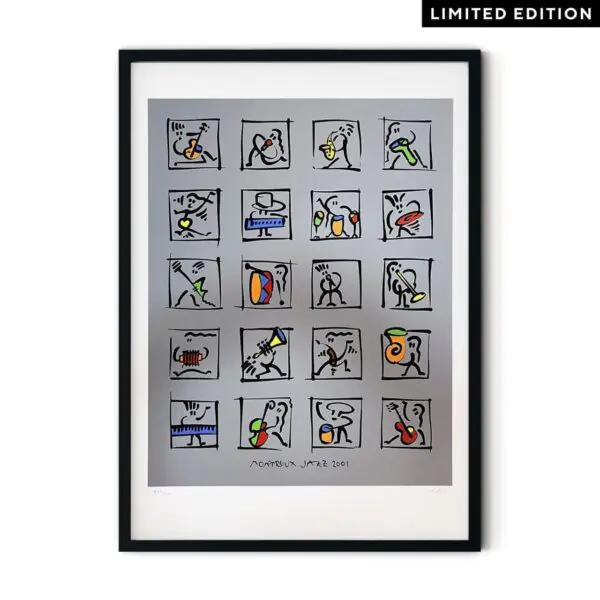 A framed art print, "Poster Matthias Winkler, 2001," shows 20 abstract figures playing instruments in black lines with colorful accents. "Montreux Jazz 2001" is below, and a Limited Edition label appears in the top right corner.