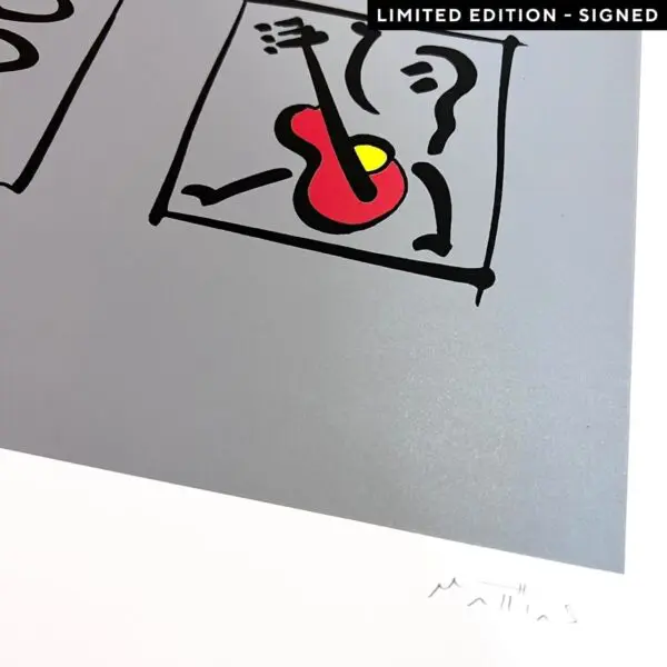 A close-up of Matthias Winkler’s 2001 abstract artwork shows a red guitar, yellow circle, and black lines on gray; “Poster Matthias Winkler, 2001, Limited Edition” appears top right, with a signature at the bottom right.