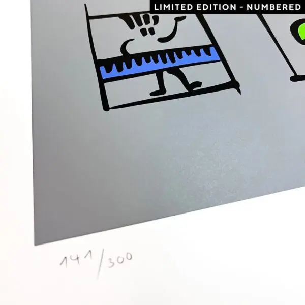 Close-up of a Poster Matthias Winkler, 2001, Limited Edition, showing pencil numbering 141/300 at the bottom left, with a black-line illustration and blue accent on a gray background.