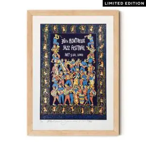 Limited Edition Poster Richard James North, 2002: Features a vibrant illustration for the 36th Montreux Jazz Festival (July 5–20, 2002), bold text, decorative border, and a special edition label at the top right corner.