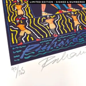 Close-up of a Poster Richard James North, 2002, Limited Edition print with colorful abstract human figures, edition number 90/125, and the artist's signature at the bottom.