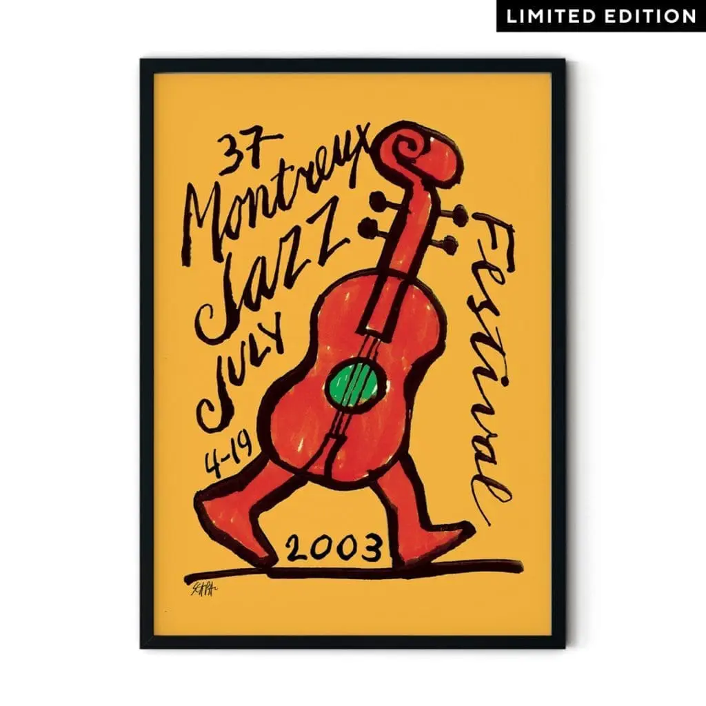 The Poster Ted Scapa, 2003 depicts a walking upright bass with red legs, bold black text on a yellow background, and “Limited Edition” in the top right for the 37th Montreux Jazz Festival (July 4-19, 2003).