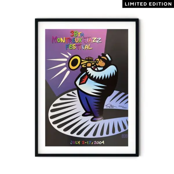 Limited Edition "Poster Burton Morris, 2004": Framed artwork for the 38th Montreux Jazz Festival, featuring a cartoon musician with a trumpet under vibrant lights. Event dates July 2-17, 2004, displayed at the bottom.