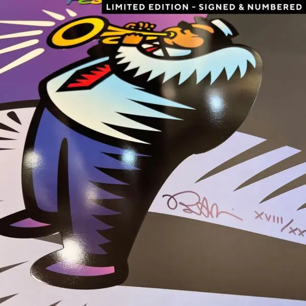 The Poster Burton Morris, 2004 is a vibrant limited edition print in Morris’ style, showing a man in a suit playing trumpet. Signed and numbered with "Signed & Numbered" label at the top.