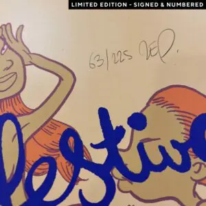 Close-up of Poster Zep, 2005, Limited Edition print, handwritten 63/225 and signature. Illustration shows orange-haired figures and bold blue cursive "stiv." Label: LIMITED EDITION - SIGNED & NUMBERED.