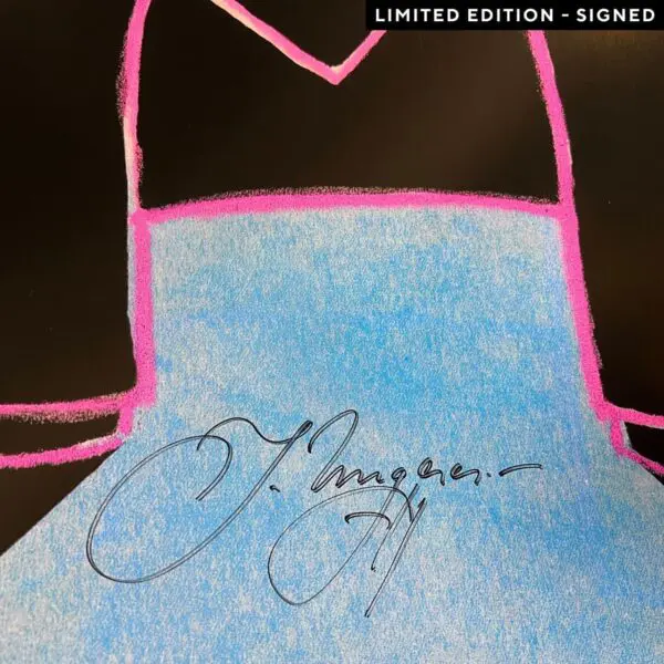 Gros plan sur une œuvre d'art abstraite représentant une robe bleue aux contours roses sur fond noir, avec une grande signature à l'encre noire en bas. Une étiquette dans le coin supérieur droit indique ÉDITION LIMITÉE - SIGNÉE.