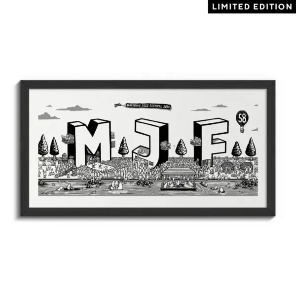 The Poster Rylsee, 2024, Limited Edition features a festival crowd, bold 3D MJF letters, trees, clouds, stage, and a Montreux Jazz Festival 2024 banner. A Limited Edition label appears at the top right.