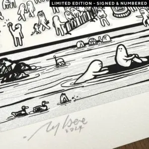 Poster Rylsee, 2024, Limited Edition is a black-and-white print featuring blob-like characters and ducks near water. Signed, numbered, and labeled as a limited edition.