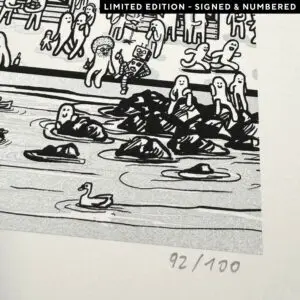Black-and-white illustration of cartoon figures on rocks and in water, with a duck swimming; a robot and furry creature sit together. Poster Rylsee, 2024, Limited Edition print.