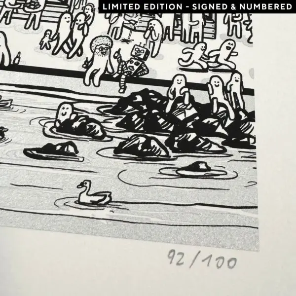 Black-and-white illustration of cartoon figures on rocks and in water, with a duck swimming; a robot and furry creature sit together. Poster Rylsee, 2024, Limited Edition print.