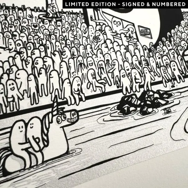 Black and white illustration of whimsical, blob-like characters in a stadium—some on a unicorn in a pool, others watching. “Beer & Hotdog” sign glows in back. Poster Rylsee, 2024, Limited Edition.